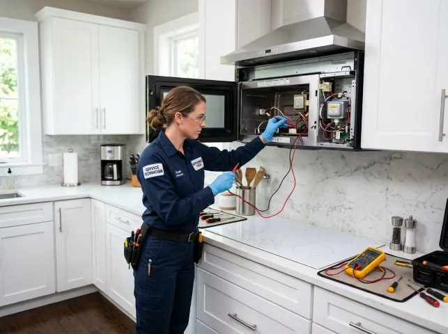 Appliance Repair Hero technician testing an over-the-range microwave in a Brookville, OH kitchen